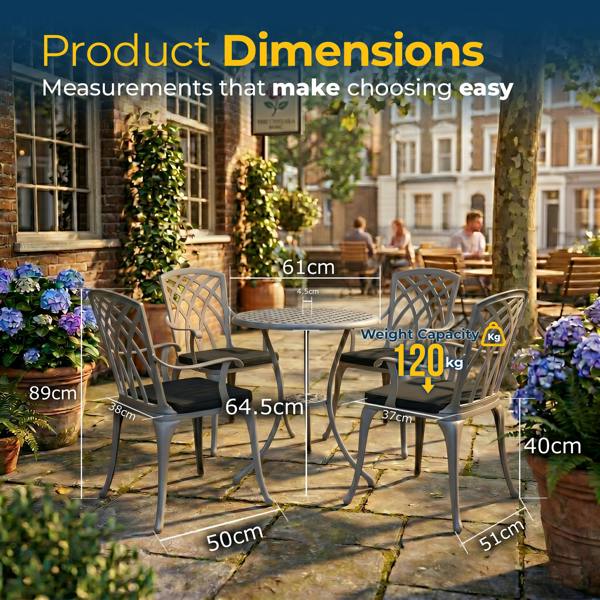 Homeology OSHOWA Luxurious Garden and Patio Table and 4 Large Chairs with Armrests Cast Aluminium Bistro Set - Grey with Black Cushions