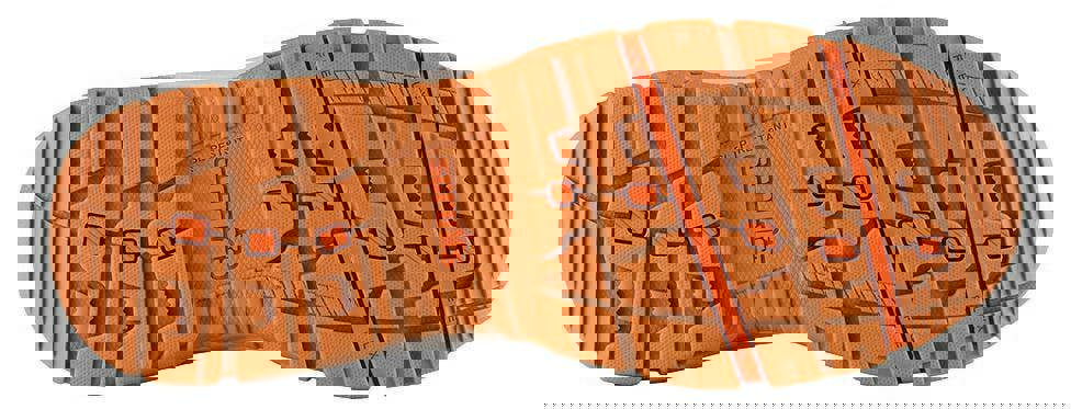 Scruffs Ridge Mens SBP Safety Steel Toe Midsole Work Ankle Boots, close-up of the rugged orange slip-resistant outsole with tread pattern designed for traction and durability.