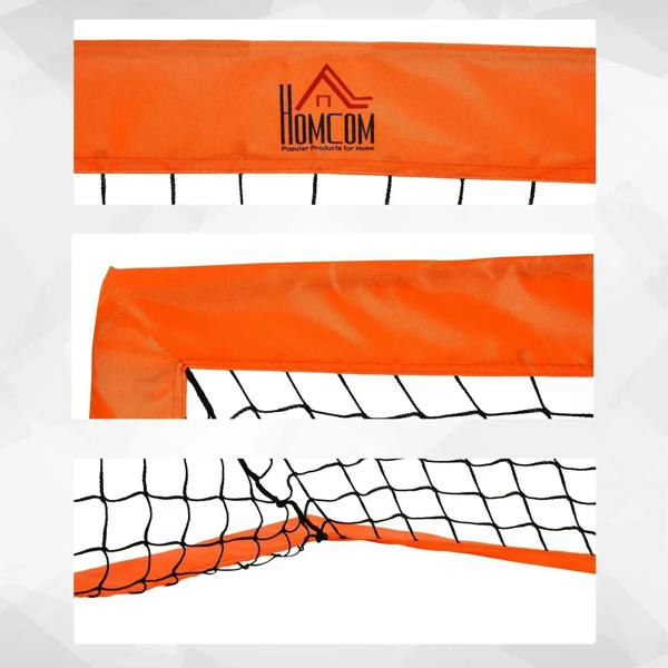 Orange football goal net with HOMCOM logo and close-up view of white mesh panel
