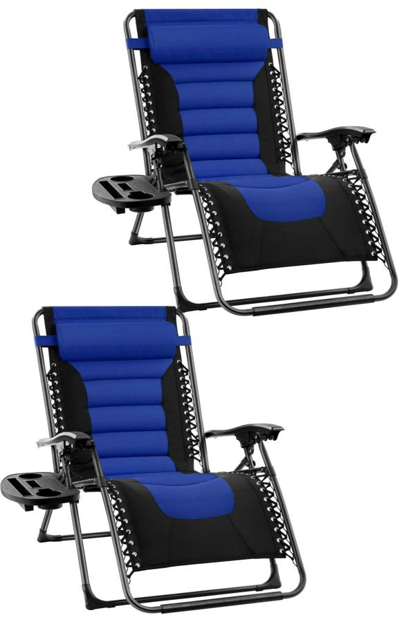Groundlevel Set of 2 Luxury Extra Wide Gravity Garden Sun Lounger / Relaxer Chair Pair - Blue