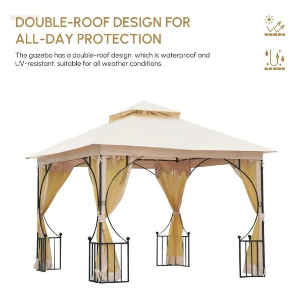 Beige double-roof garden gazebo with black metal frame and hanging sheer curtains