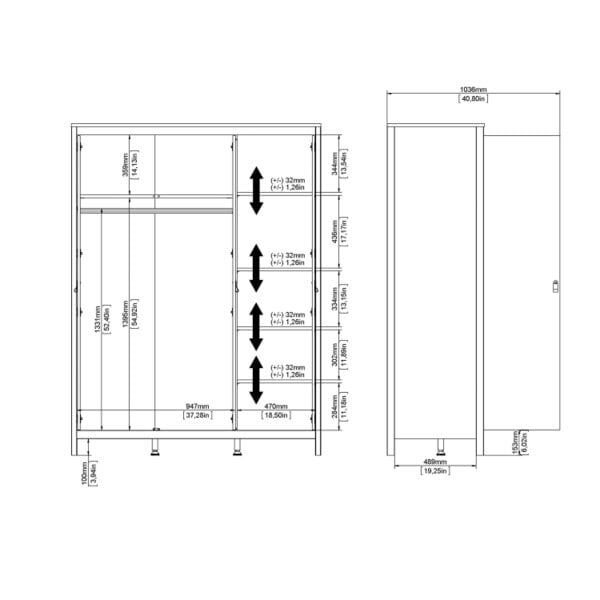 Wyld Haus Wildberry Matt Black Wardrobe 3 Doors Leather Handles