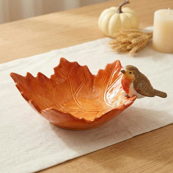 Garden Greatness Rustic Robin On A Leaf Autumn Serving Bowl