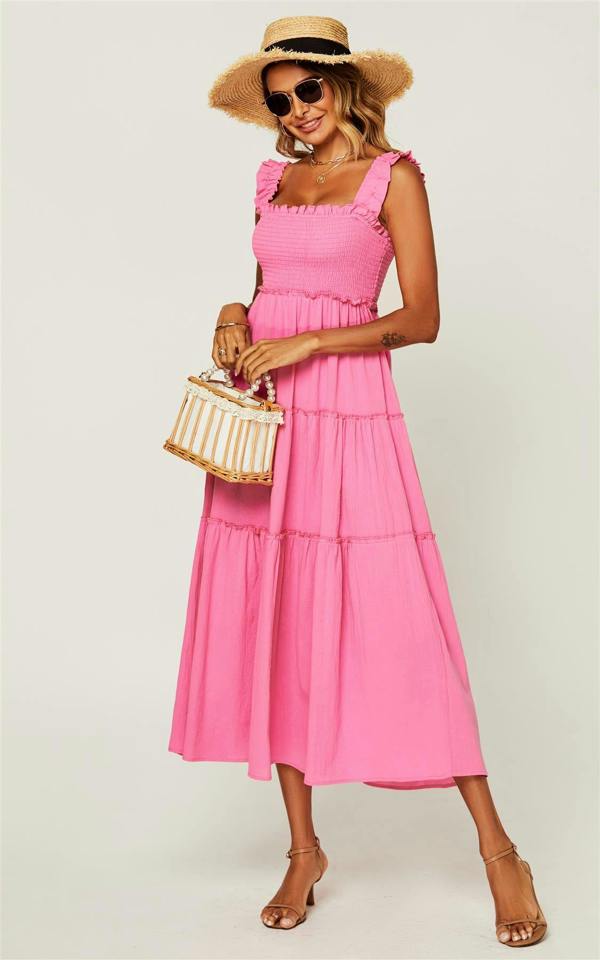 FS Collection Hem Detail Tiered Maxi Dress In Fuchsia Pink