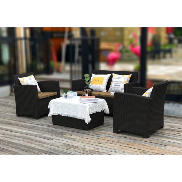 Centurion Supports SANTANA 4 Piece PE Rattan 4-Seater with Cushions Garden Furniture and Coffee Table Set in Black