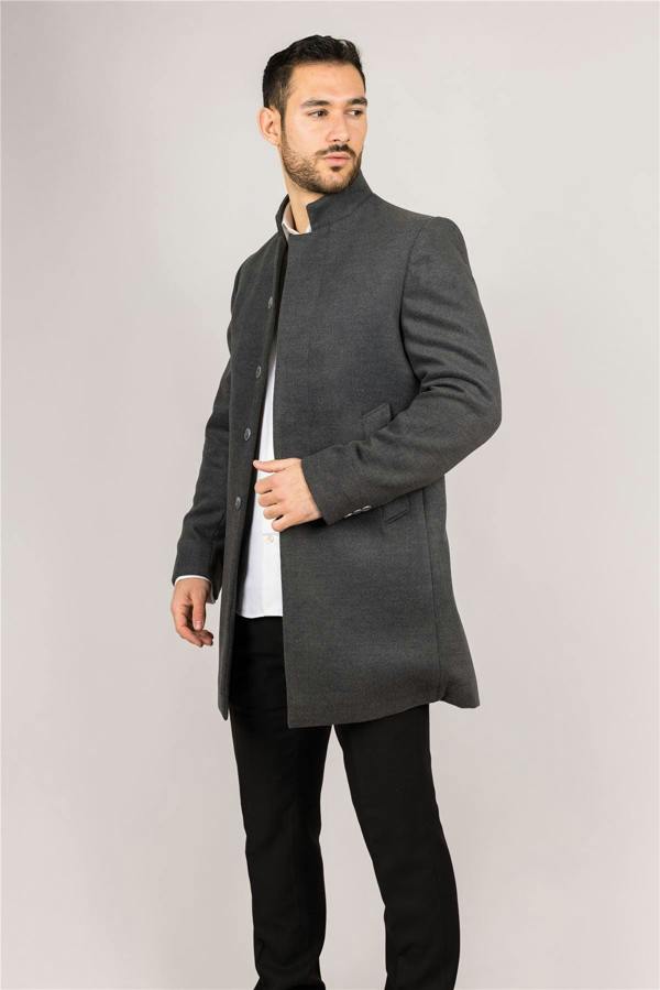 Infinity Leather Men's Grey Stand Collar Wool Blend Overcoat
