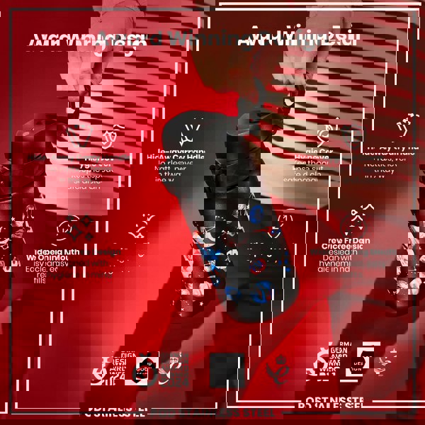 A black water bottle with a space theme design is being held; it features a hide-away handle and a wide mouth for easy cleaning, against a red background. The bottle boasts award-winning design and hygiene features.