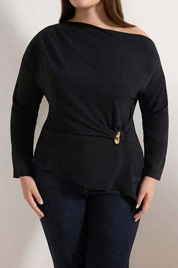 WOVCOR Gold Accessory Asymmetrical Collar Long Sleeve Woven Plus Size Blouse