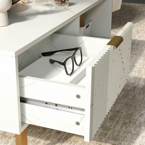 Wyld Haus Lima Wooden White Marble Effect and Gold Coffee Table With 2 Storage Drawers