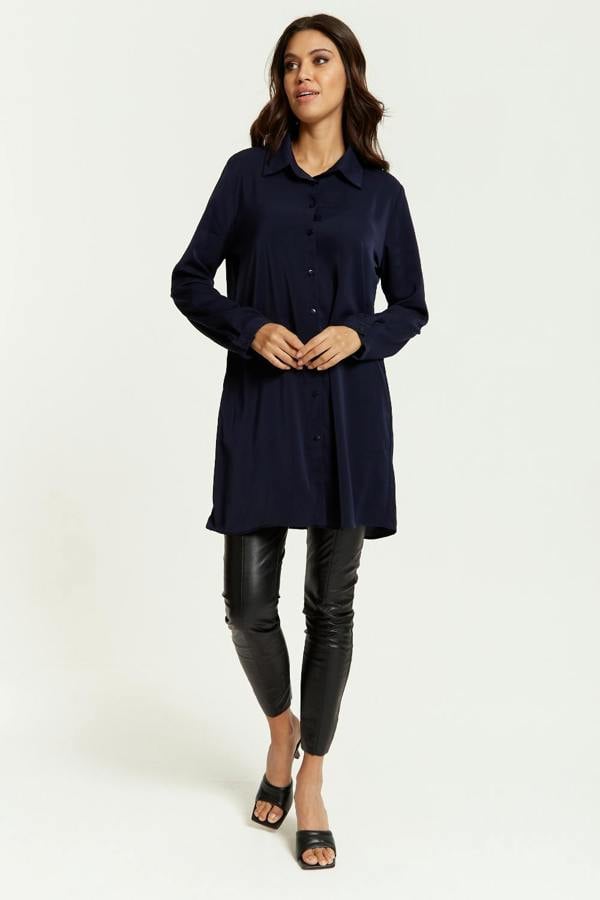 Hoxton Gal Oversized Shirt Tunic with Long Sleeves in Navy