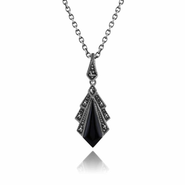 Art Deco Style Black Onyx & Marcasite Pendant in 925 Sterling Silver - Gemondo