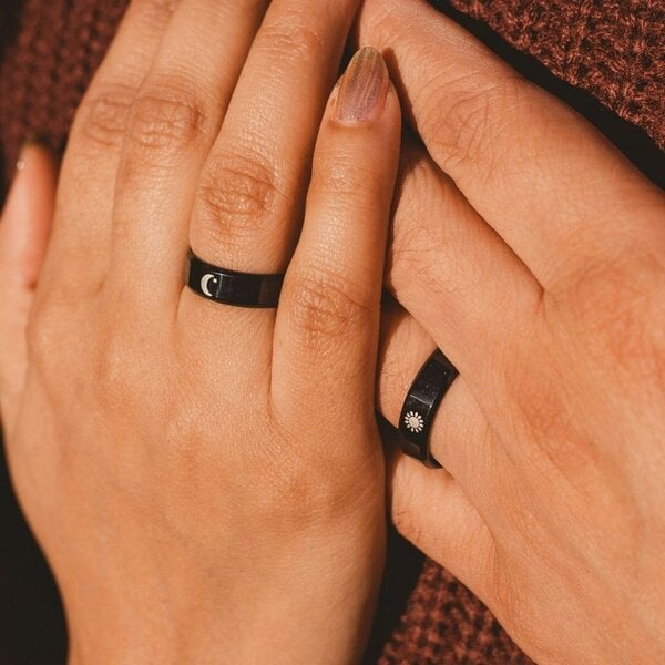 The Colourful Aura Black Band Matching Couple Moon and Sun Promise Ring set