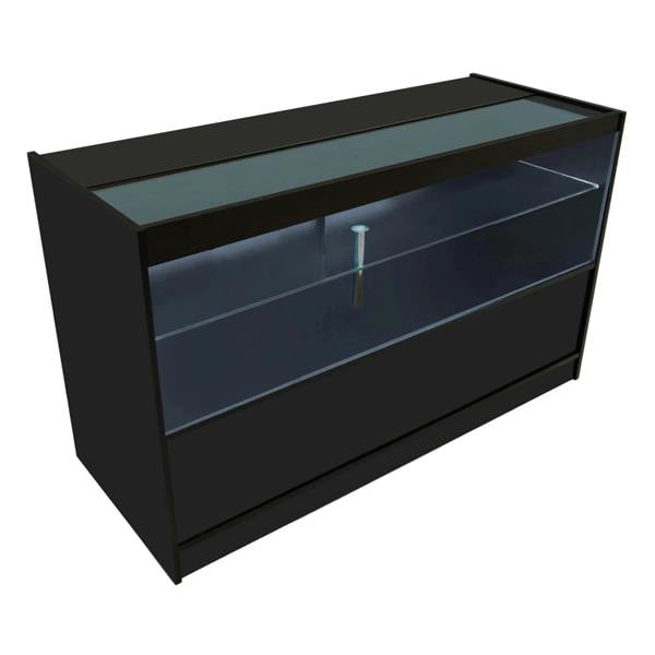 Gravity LED Shop Counter Set in black featuring a sleek design, glass display top, and spacious storage compartment for retail use