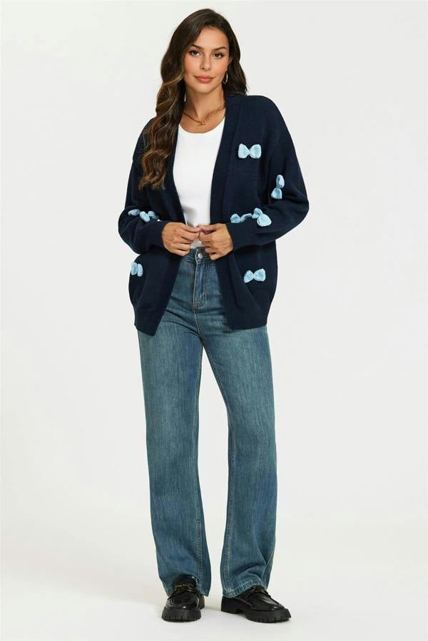 FS Collection Light Blue 3D Bow Cardigan In Navy