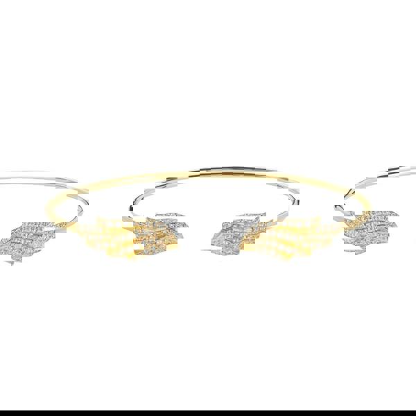 The BLOOMTINE Illuminess™ Angel Wing Bangle in Gold Vermeil. Featuring two intricately carved wings studded with shimmering lab-grown moissanites, this protective talisman bracelet represents the 'Extraordinary Human' spirit in a high-luster gold finish