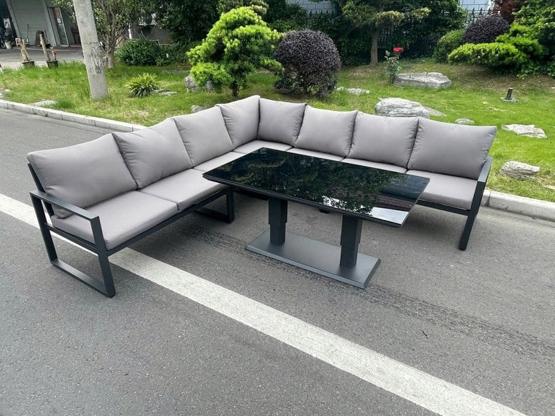 Fimous Aluminum Outdoor Garden Furniture Corner Sofa Adjustable Rising Lifting Dining Table Sets Black Tempered Glass Dark Grey 7 Seater