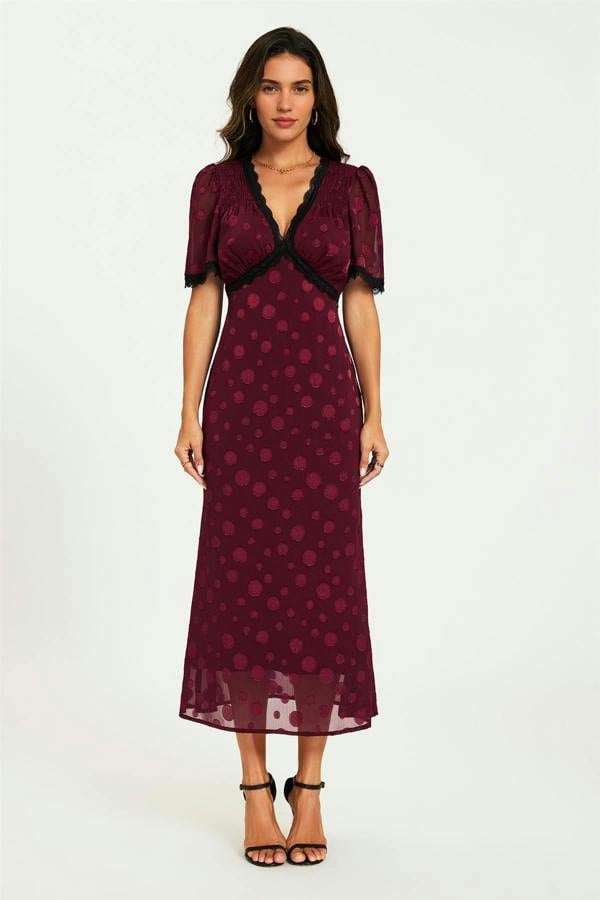 FS Collection Polka Dot Jacquard Lace Trim Midi Dress In Wine