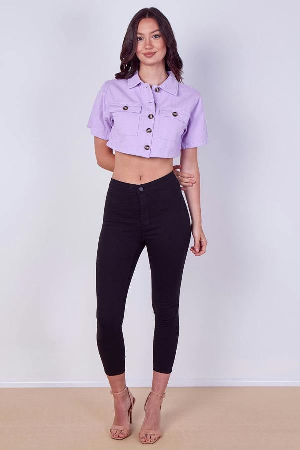 Lilac Cropped Denim Button-Up Top