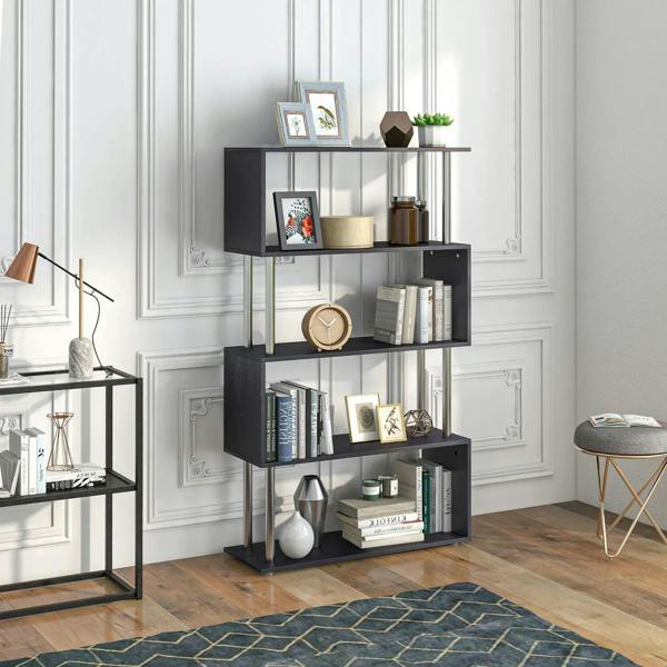 Black S-shaped 5-tier bookcase with open shelves and metal frame, freestanding.