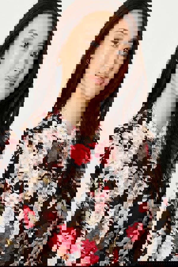 Black | Floral Tie Waist Long Sleeve Midi Dress