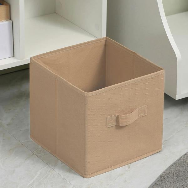 Tan fabric drawer box with handle, designed to fit a cube storage cabinet