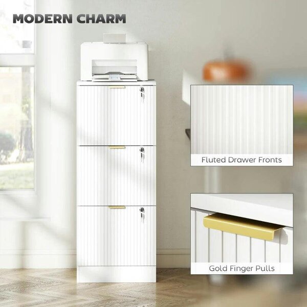 Filing Cabinet, Fluted Vertical File Cabinet with 3 Lockable Drawers and Hanging Rails, White