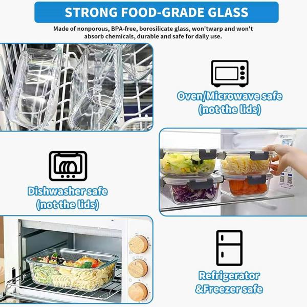 Dyzi 10 Pack Glass Food Storage Containers Airtight Locking Lids 7.05L Set