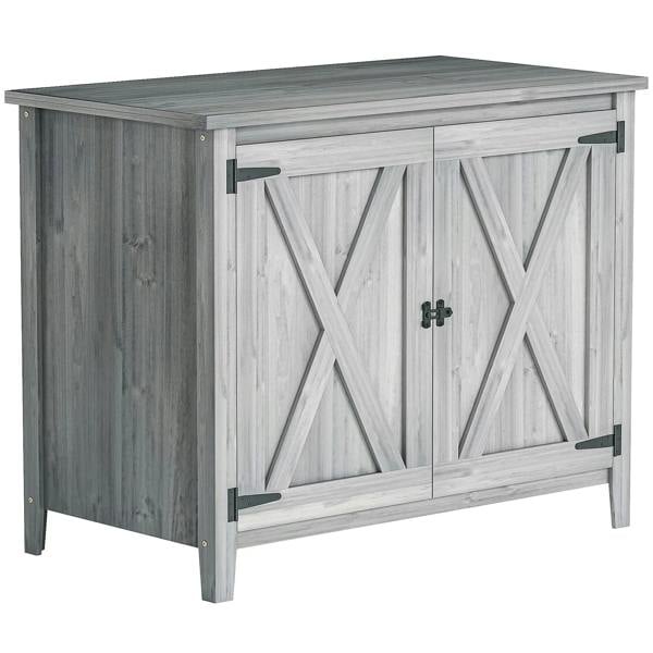 Light grey wooden garden shed with double doors, X-bracing, and top shelf