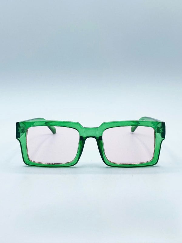 SVNX Square Frame Sunglasses in Translucent Green with Pink Lenses