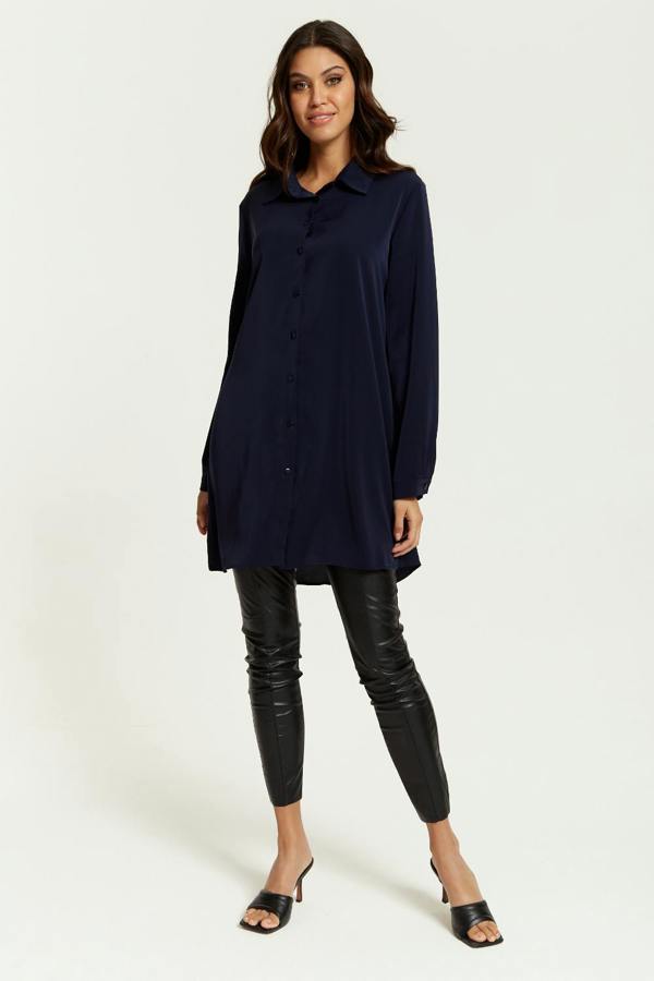 Hoxton Gal Oversized Shirt Tunic with Long Sleeves in Navy
