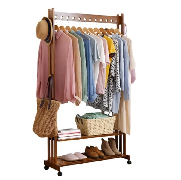 Modcraft Rustic Bamboo Clothes Rail Rack with Rolling Wheels, Two-Tier Shoe Shelves, Adjustable Top Shelf