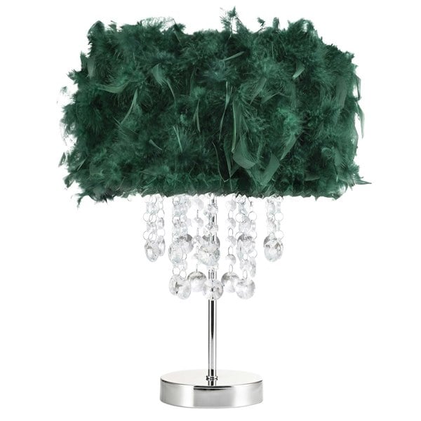 Chandelier Style Forest Green Feather Table Lamp with Waterfall Drops Image 1