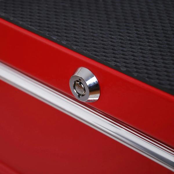 Red lock cylinder on steel drawer with chrome handle track