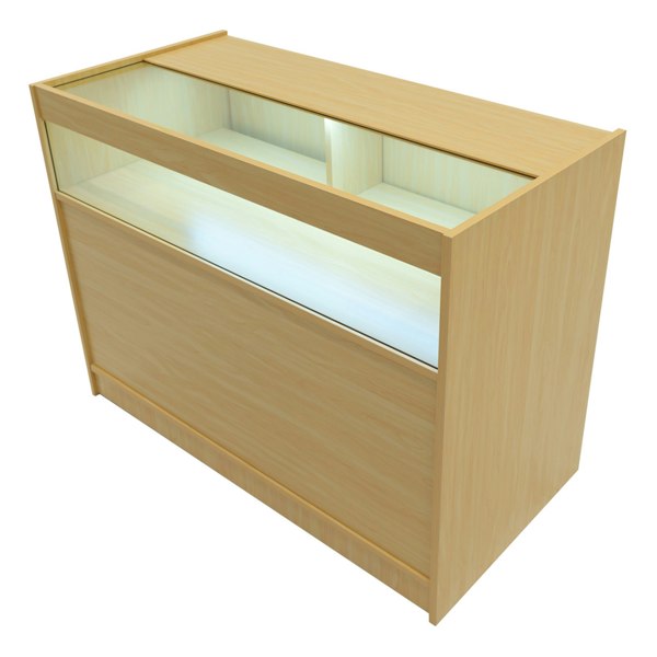 Adonis LED Shop Counter Set in maple finish, featuring a sleek design, illuminated display area, and smooth texture for modern retail spaces