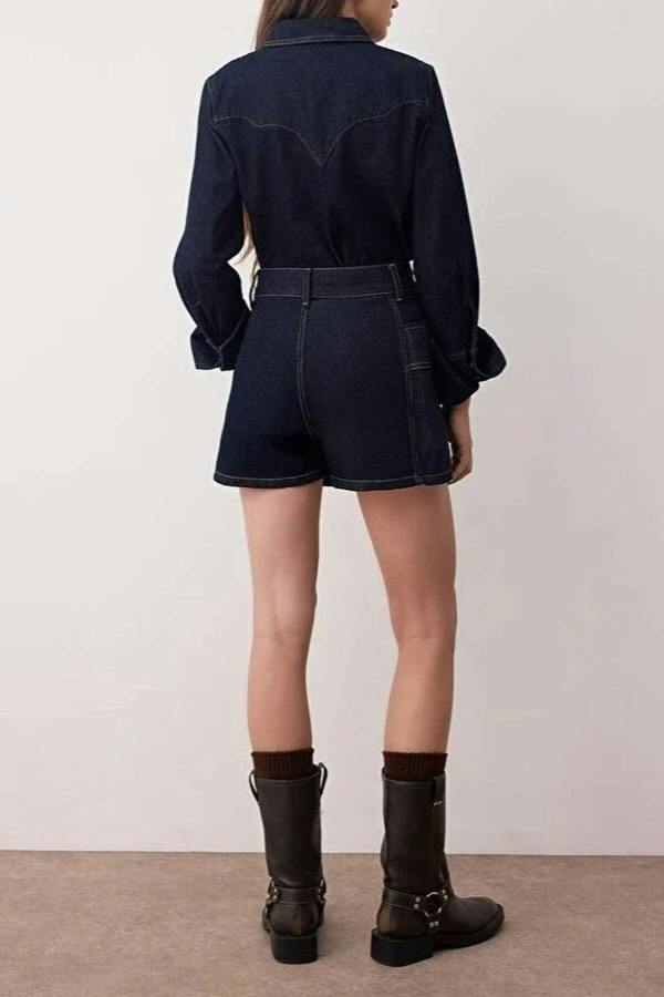 WOVCOR Double-Breasted Denim Short Skirt with Pocket Detail