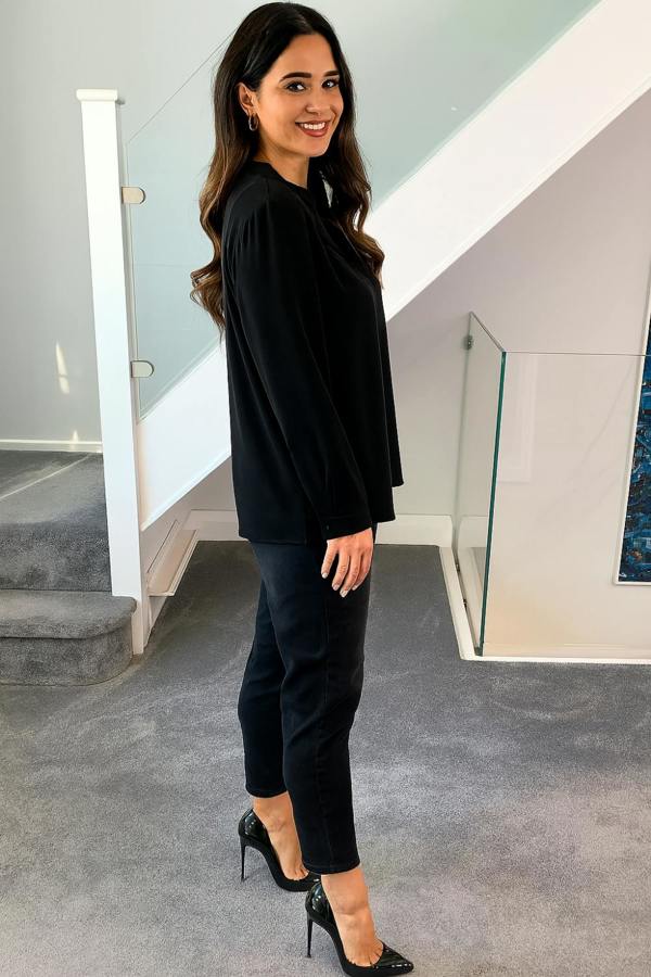Hoxton Gal Oversized Detailed Neck Top with Long Sleeves in Black
