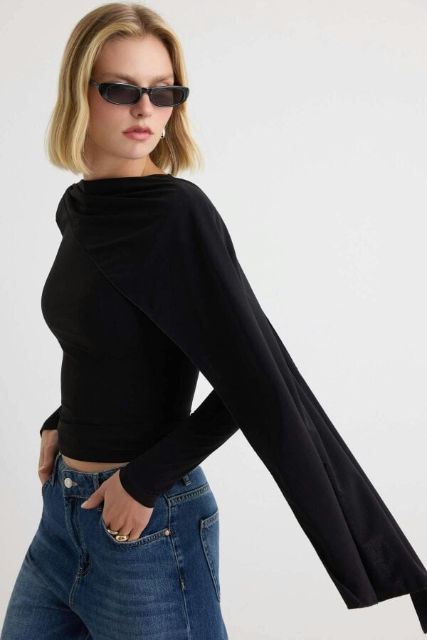 WOVCOR Fitted Boat Neck Cape Detail Long Sleeve Blouse - Black