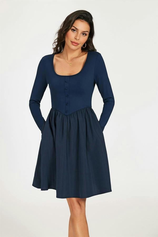 FS Collection Square Neck Button Detail Long Sleeve Mini Dress In Navy