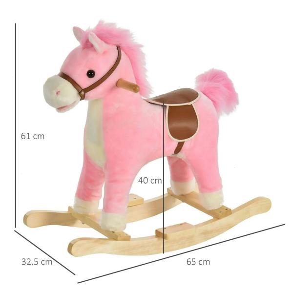 Pink plush rocking horse toy with brown bridle and wooden rocking platform