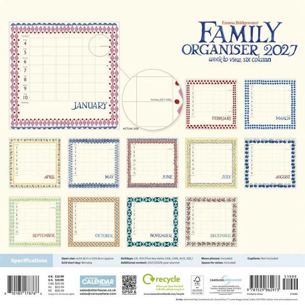 Emma Bridgewater, Sponged Family Organiser 2027, Family Planners, Week To View, Lifestyle, Gift