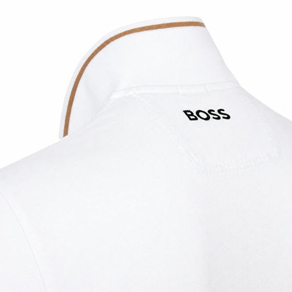 White BOSS Paddy Pro polo shirt featuring a black logo on the back and a natural-colored tipped collar.