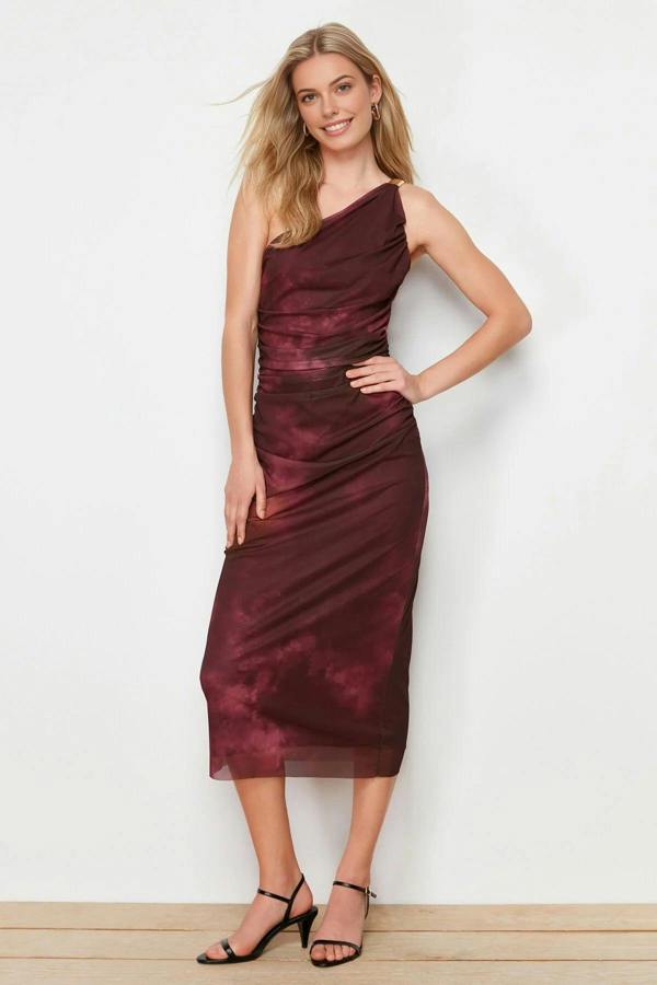 WOVCOR One-Sleeve Tulle Stretch Knit Midi Pencil Dress with Accessory Details
