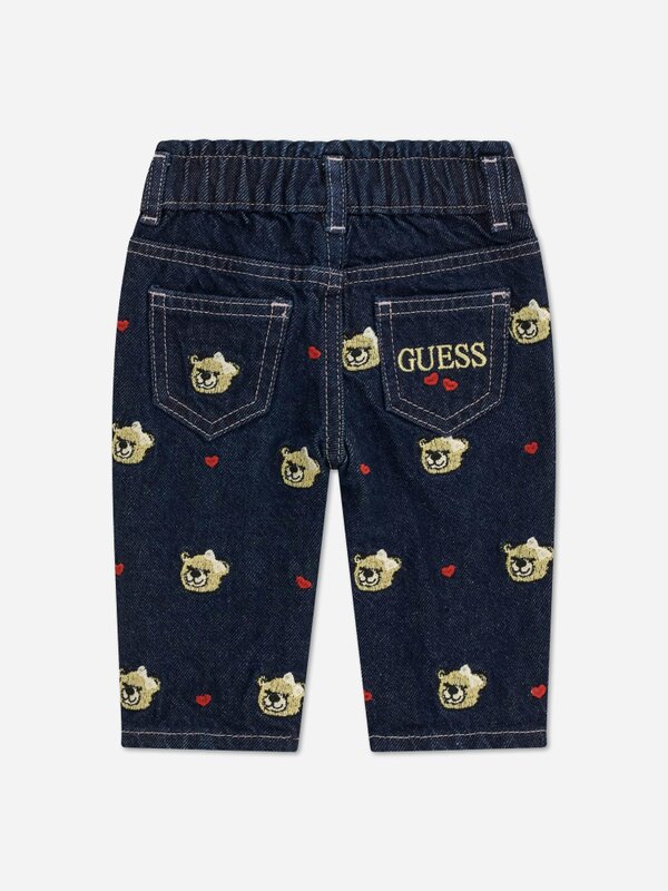 Guess Girls Embroidered Bear Mom Fit Jeans in Blue