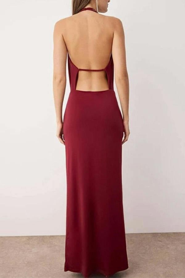 WOVCOR Cowl Neck Evening Dress with Shiny Stone Detail