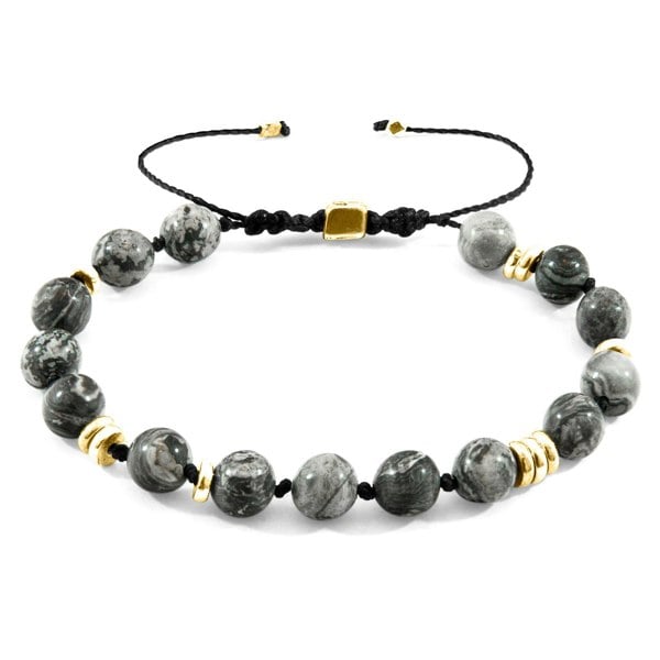 Anchor & Crew Grey Jasper Agaya 9ct Yellow Gold and Stone Beaded Macrame Bracelet