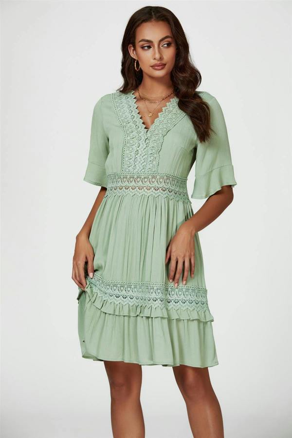 FS Collection V Neck Lace Mini Dress In Green