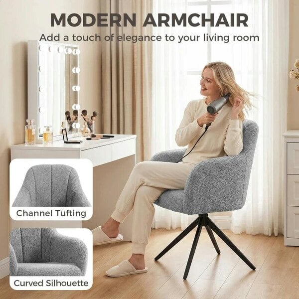 Bobobiy 360 Degree Swivel Accent Chair, Teddy Fleece Armchair, Grey