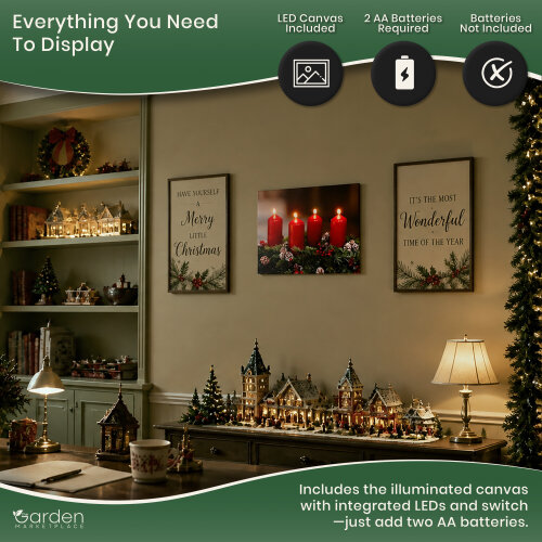Festive 4 Red Candle LED Christmas Canvas Picture Print, Wooden Frame Wall Art with Switch, 40cm x 30cm, Battery Powered