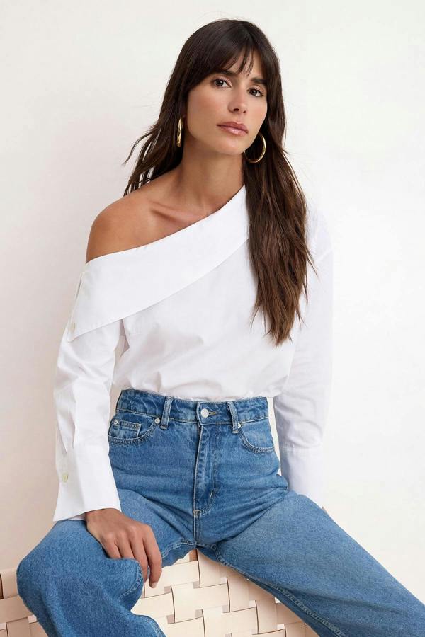WOVCOR Asymmetric Neck Long Sleeve Woven Blouse