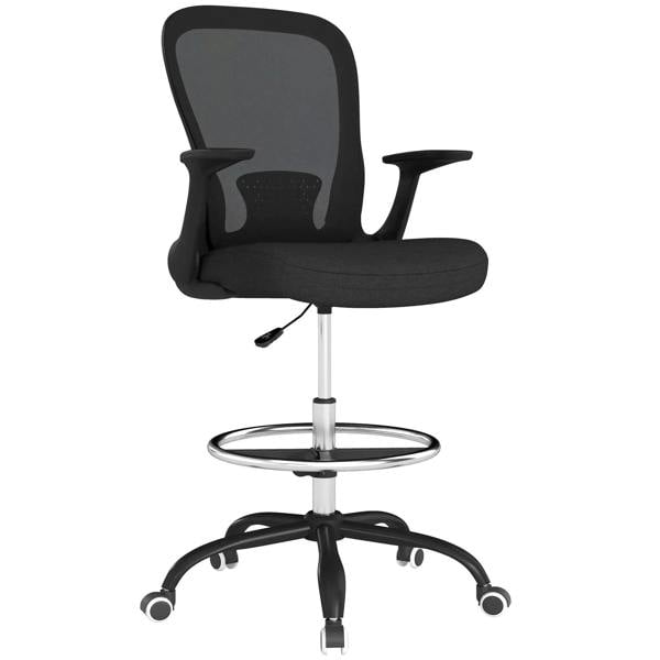 Black mesh drafting office chair with flip-up armrests, round foot ring base